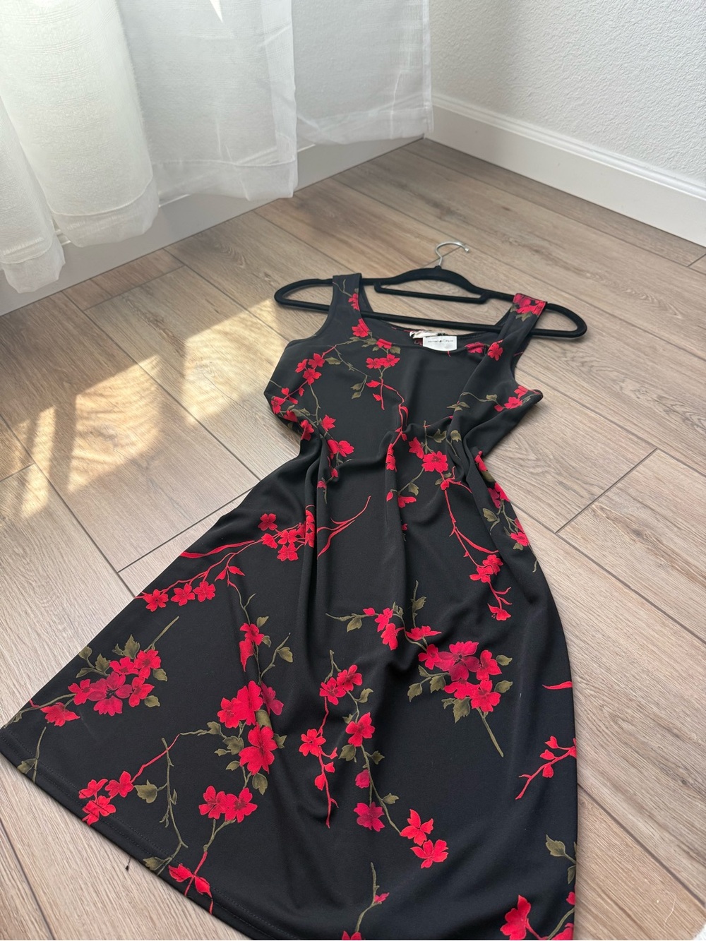 Vintage Black Floral Mini Dress with Red Blossoms